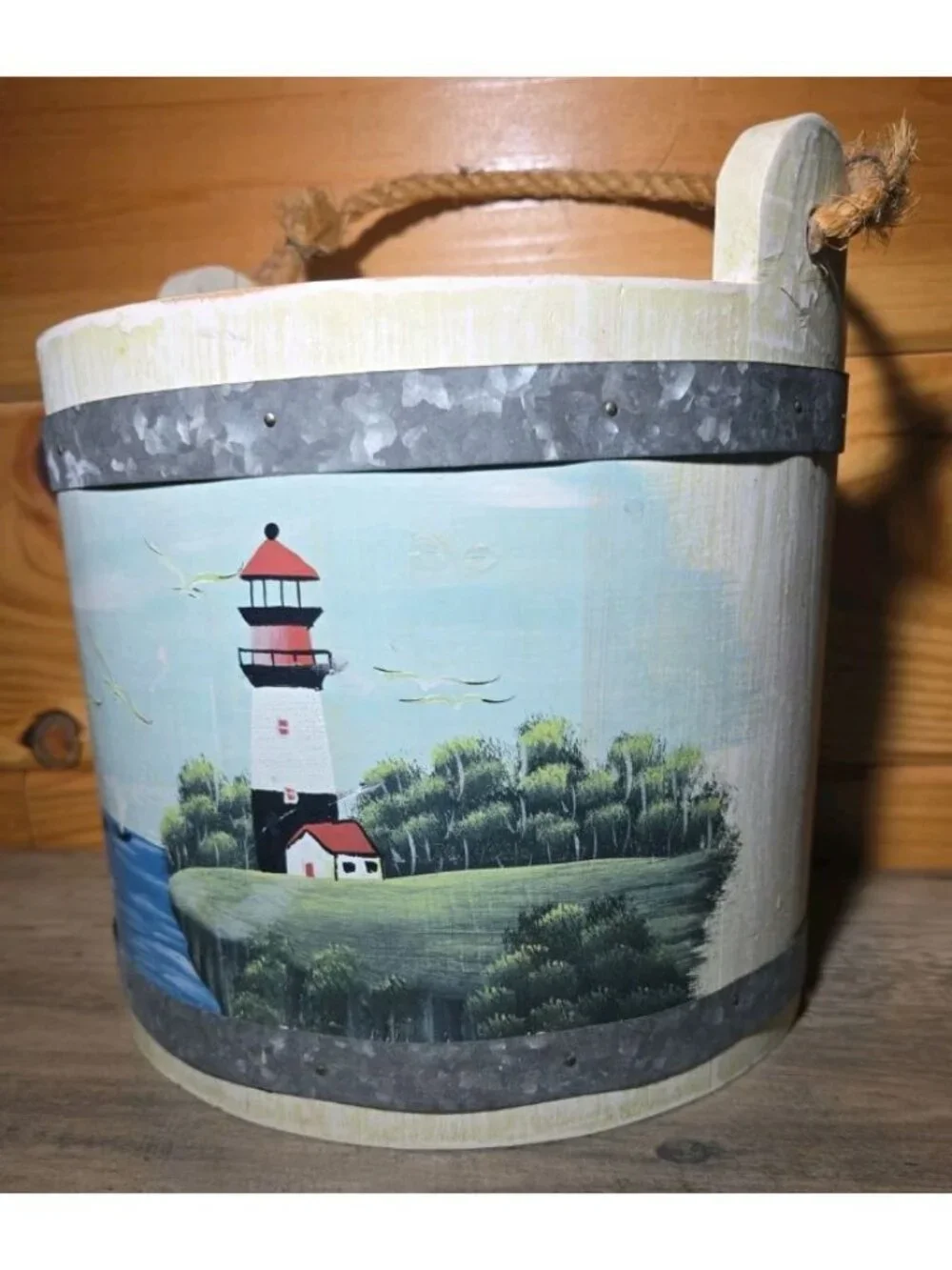Wooden Bucket Panted Lighthouse Coastal Design With Rope Handle 8.5 Inches Tall